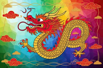 Vibrant Chinese Dragon Artwork on Fantasy Colorful Background