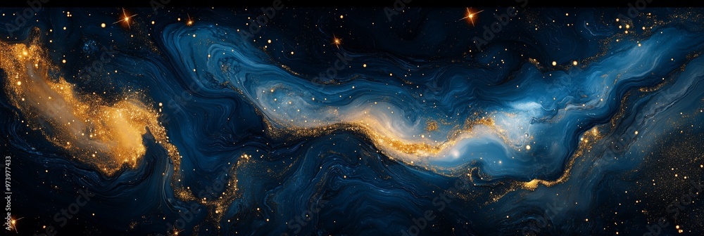 Poster a dark blue and gold marble pattern with glittering stars, creating an elegant background for design