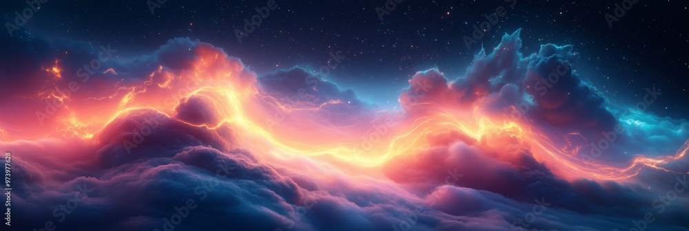 Aufkleber a dynamic composition of glowing neon lines weaving through clouds