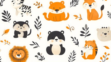 Obraz premium Colorful Cartoon Animal and Leaf Pattern