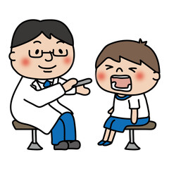 学校の健康診断で男の子の喉を診るお医者さん