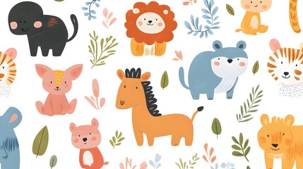 Naklejka premium Colorful Cartoon Animals and Leaves Seamless Pattern