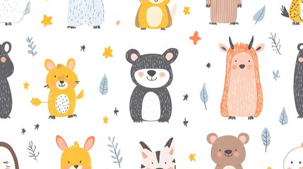 Fototapeta premium Seamless Pattern with Cute Cartoon Animals on a White Background