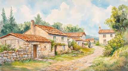 Naklejka premium Tranquil 19th century European countryside with green hills, cobbled streets and quaint stone cottages, immortalized in watercolor on canvas