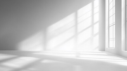 Shadow of glass window on white wall of empty modern house interior.
