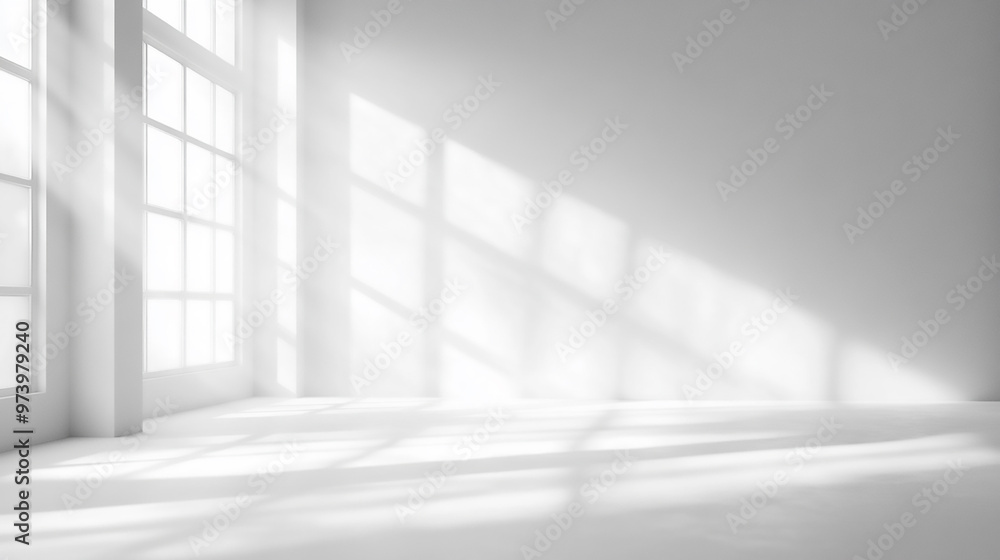 Poster white studio background designed for product presentation, set in an empty gray room with window sha