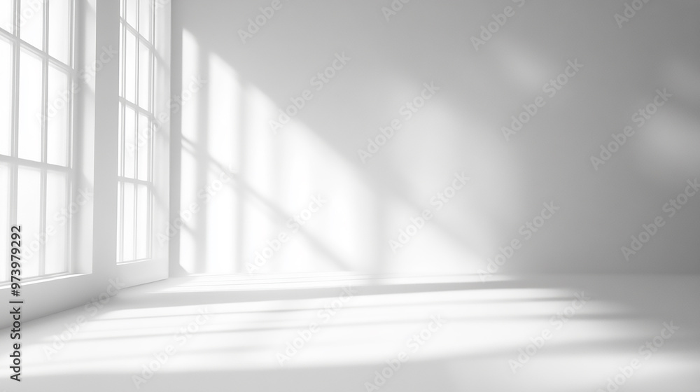 Poster white studio background designed for product presentation, set in an empty gray room with window sha