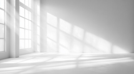 White studio background designed for product presentation, set in an empty gray room with window shadows and a blurred backdrop 