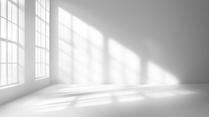 White studio background designed for product presentation, set in an empty gray room with window shadows and a blurred backdrop 