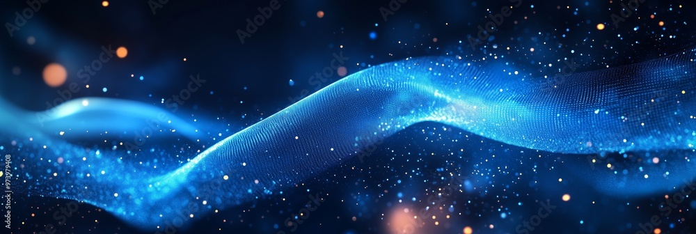 Poster abstract blue digital background with glowing lines and bokeh lights, data transfer concept