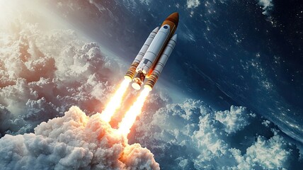 Fototapeta premium A majestic rocket launches into the vastness of space, leaving a trail of fire and smoke against a backdrop of clouds and cosmos.