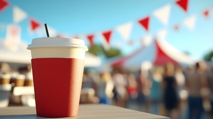 National Coffee Day Festival Celebration - Diverse Crowds Enjoying Coffee Tastings with Festive Red White and Blue Decor in a Vibrant Atmosphere