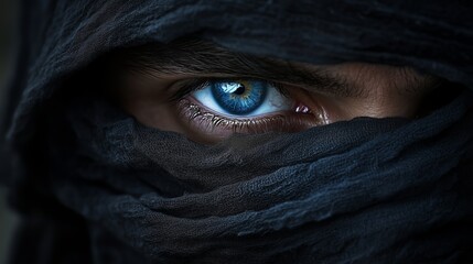 Fototapeta premium close up of eye, dark background, mysterious and moody, a man wearing black scarf covering his face with only one blue eyes showing through the cloth