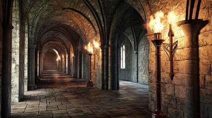 Fototapeta premium A mesmerizing stone corridor illuminated by flickering torches, showcasing gothic architecture and an eerie ambiance.