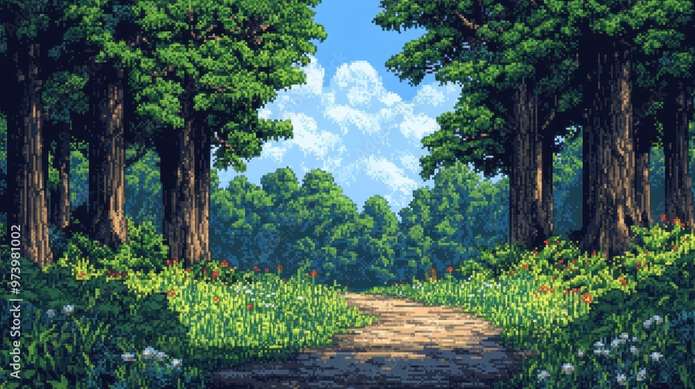 Aufkleber digital wilderness journey: pixelated forestscape in retro 8-bit style with towering trees and clear