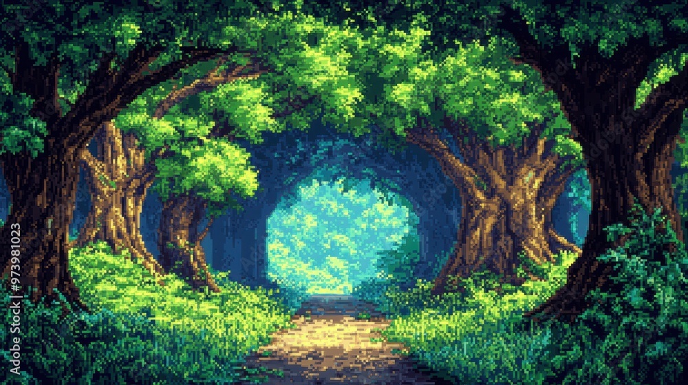 Poster pixelated forest wonderland: retro 8-bit landscape with towering trees and clear path in vibrant min