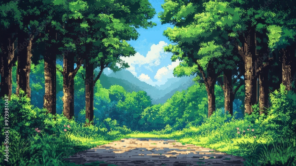Poster retro pixelated forest landscape with towering trees and clear path in 8-bit style - minimalist vibr