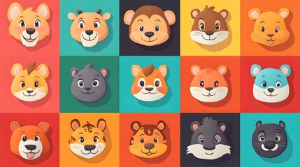 Fototapeta premium A Colorful Grid of Cartoon Animal Faces