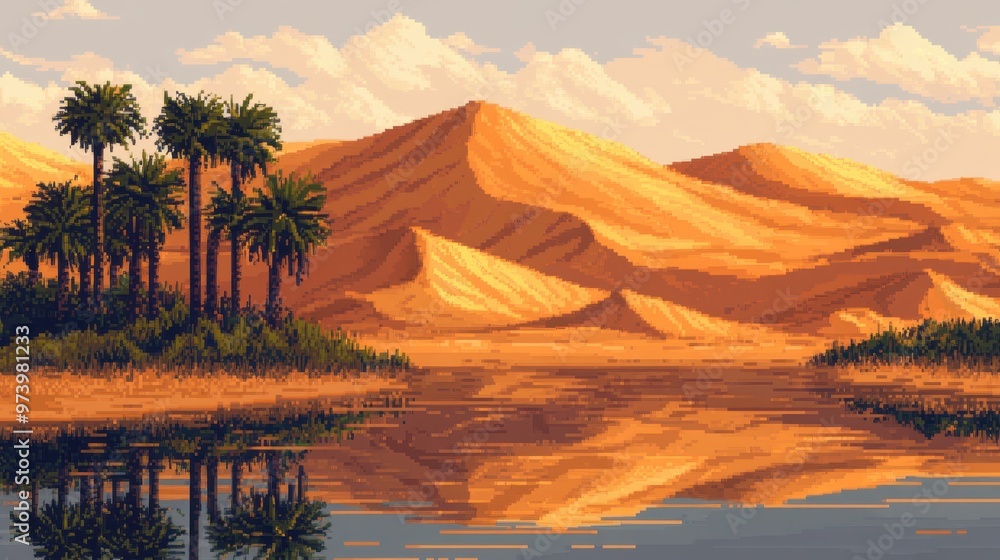 Poster retro pixel art of desert oasis with palm trees and shimmering water in warm tones - 16-bit style la