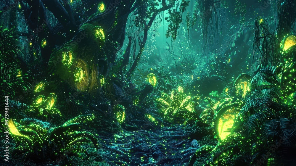 Poster a mystical forest illuminated by glowing plants, creating an enchanting atmosphere filled with wonde