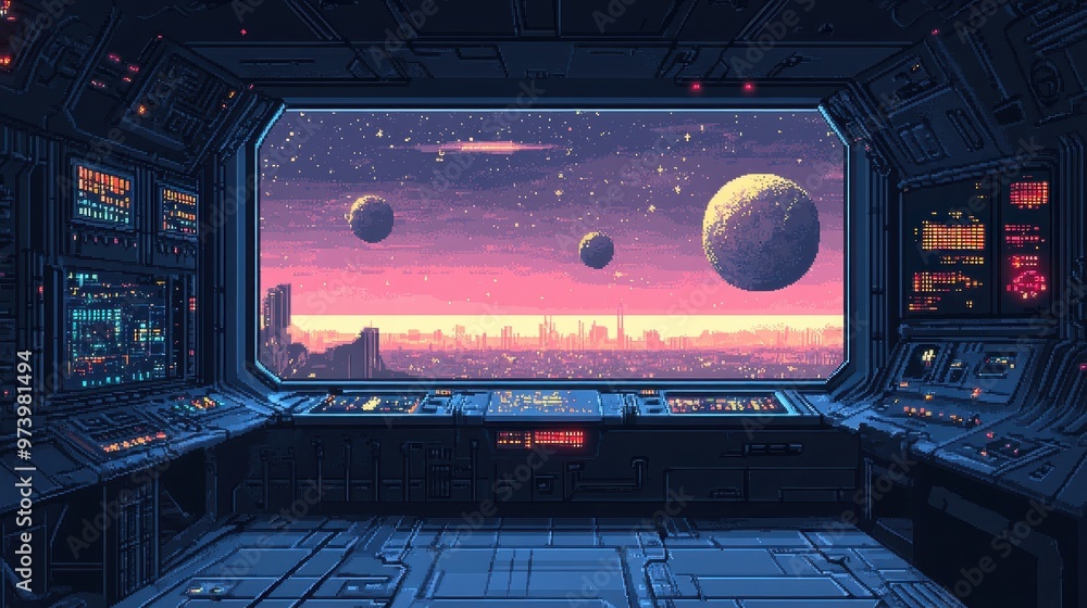 Poster retro sci-fi space station in 16-bit pixel art style with metallic platforms and cool tones