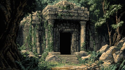 Pixelated Jungle Temple Exploration - Retro 16-Bit Environment with Crumbling Walls, Vines, and Earthy Tones