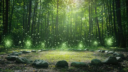 A mystical forest scene with glowing lights surrounded by stones, capturing a magical atmosphere in nature. Perfect for fantasy themes.