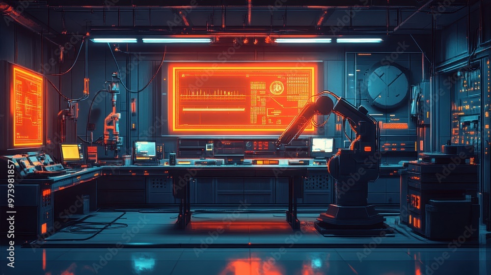 Poster digital dreamscape: 16-bit retro sci-fi lab with robotic arms and glowing panels