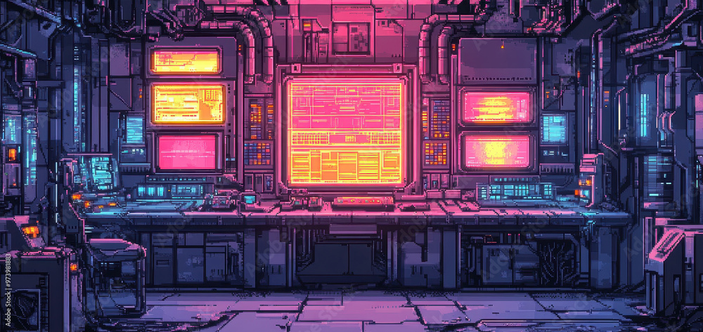 Aufkleber digitized future - retro sci-fi laboratory with robotic arms and glowing panels in 16-bit style