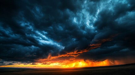 Fototapeta premium A dramatic sky with dark storm clouds rolling in, lightning flashing in the distance, contrasting with the golden light of sunset