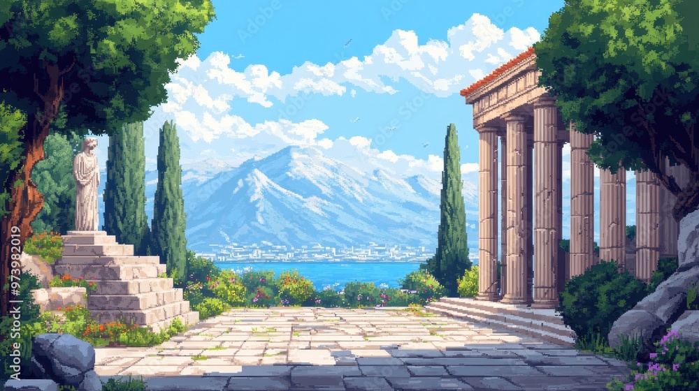 Poster retro classical 16-bit scene of ancient greece with pixelated temples, columns, and statues in warm 