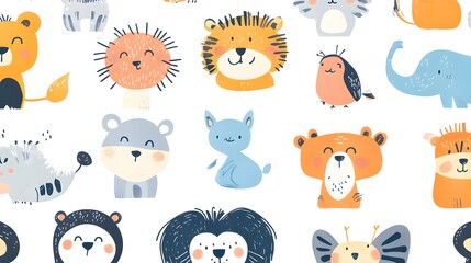 A colorful pattern of cute cartoon animal faces on a white background.
