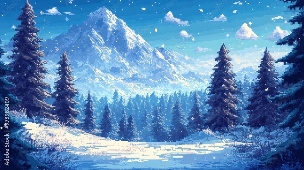 Poster retro pixelated snow-covered forest with sparkling snow and clear sky in cool tones - 16-bit design 
