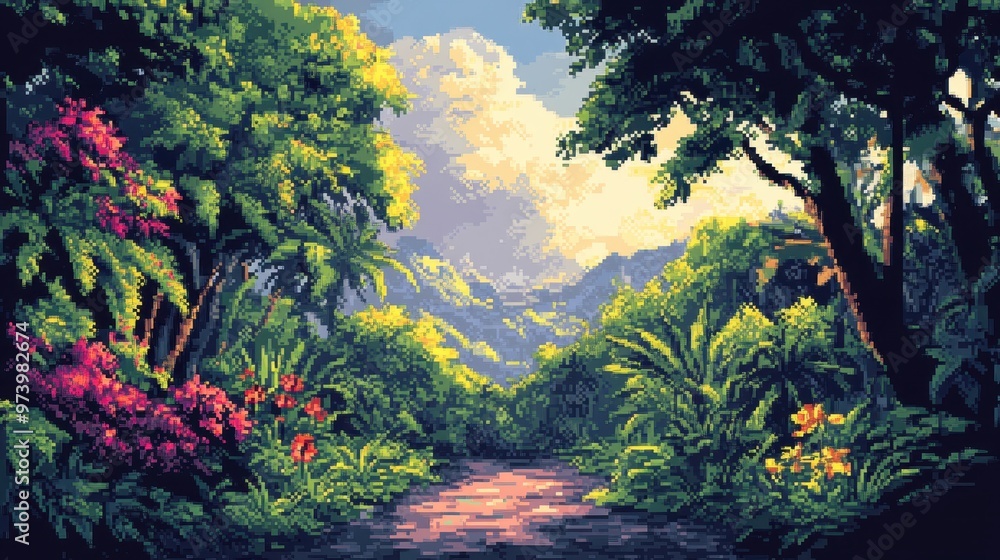 Poster enchanted pixelated jungle: retro adventure with glowing flowers and hidden paths in 16-bit world