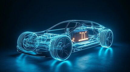 Naklejka premium Frontside Futuristic AR car wireframe concept, generative ai, Augmented reality wireframe of car concept with blue background hyper realistic