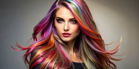 Fototapeta premium A stunning female model showcases vibrant, multi-tonal highlight hair, with subtle layers and texture, against a