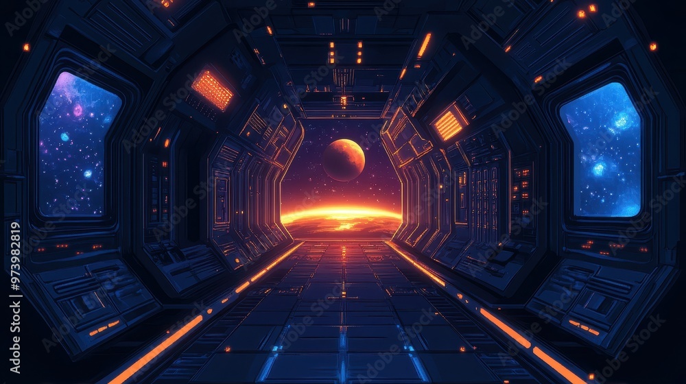 Poster retro sci-fi space station corridor with pixelated windows and distant planets in 16-bit style