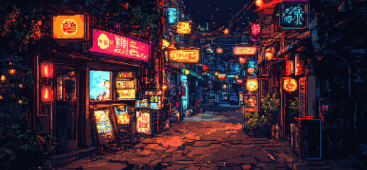Futuristic Cyberpunk Alley with Pixelated Neon Signs and Retro 16-Bit Aesthetics
