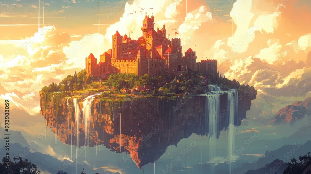 Poster retro pixelated floating castle with soft-colored clouds and waterfalls in a fantasy landscape with 