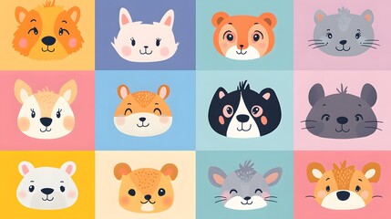 Twelve Adorable Cartoon Animal Faces in a Grid Pattern