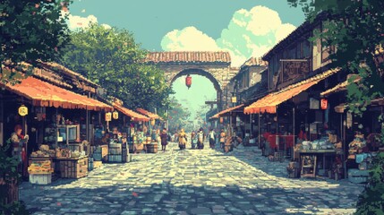 Fototapeta premium 8-Bit Medieval Marketplace with Pixelated Stalls and Vintage Charm