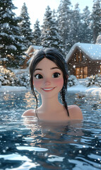 Obraz premium Smiling cartoon woman relaxing in a hot tub on a snowy winter day.