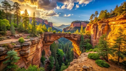 A stunning natural arch bridge spans Pine Creek Canyon, its rust-hued rocks glowing golden in warm sunlight, surrounded