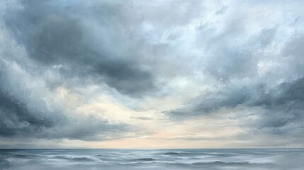 Obraz premium A moody sky just before dusk, with gray and soft pastel shades blending as the daylight fades and a gentle breeze moves the clouds.