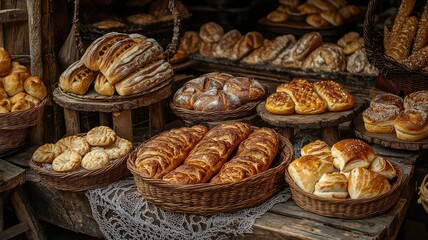 A rustic display of assorted baked goods in woven baskets, showcasing the rich textures and colors of various bread types.