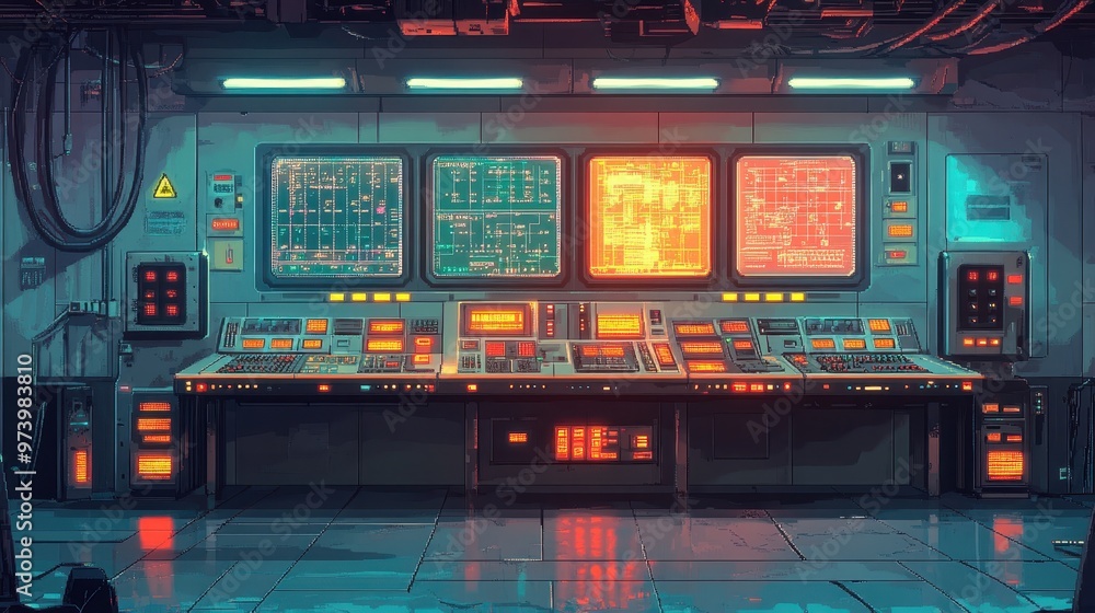 Poster retro futuristic control room with pixelated screens, glowing buttons, and robotic arms in 16-bit st