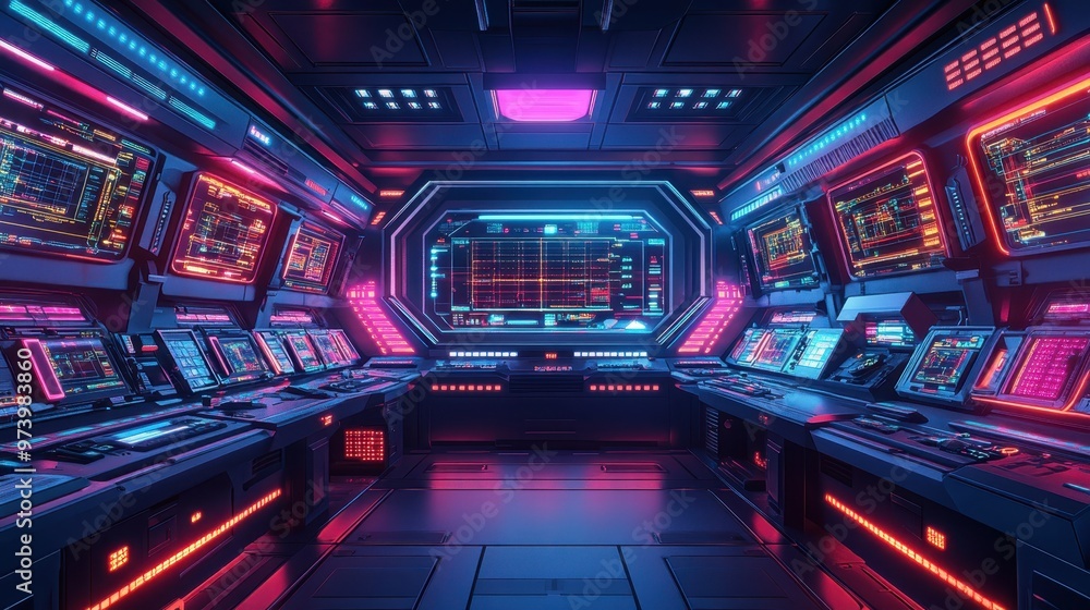 Poster retro futuristic control center with pixelated screens and robotic arms in cool 16-bit design
