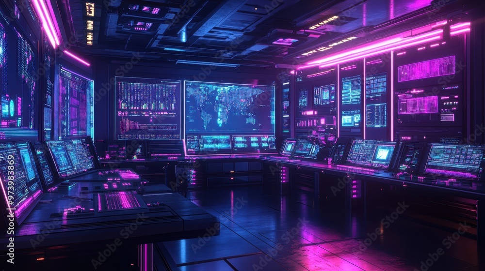 Poster digital command center of the future - retro sci-fi control room with pixelated screens, robotic arm