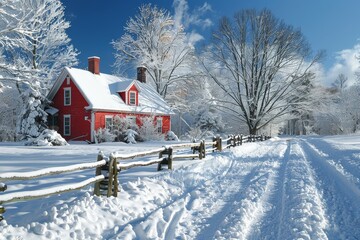 Red colonial house in New England surrounded by snow-covered landscape, trees, fence, and blue sky, captured in a wide-angle view.