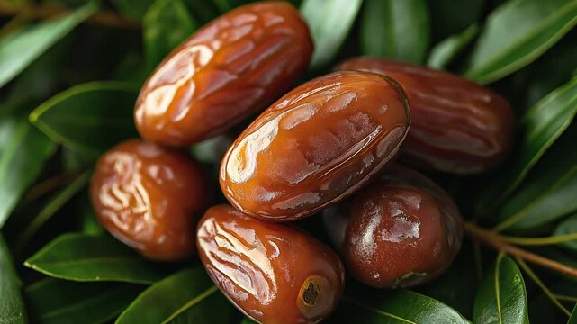 close-up of ripe, glossy dates resting on vibrant green leaves, highlighting their natural texture and freshness.